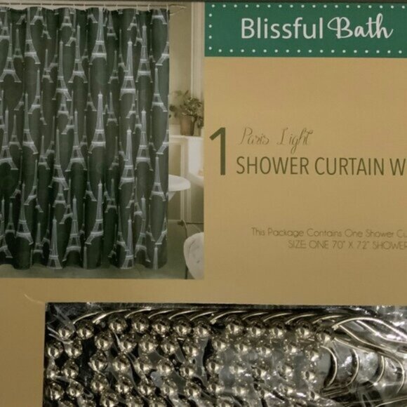Blissful Bath Paris Shower Curtain Fabric Paris Eiffel Tower Hooks Black White - Picture 7 of 15